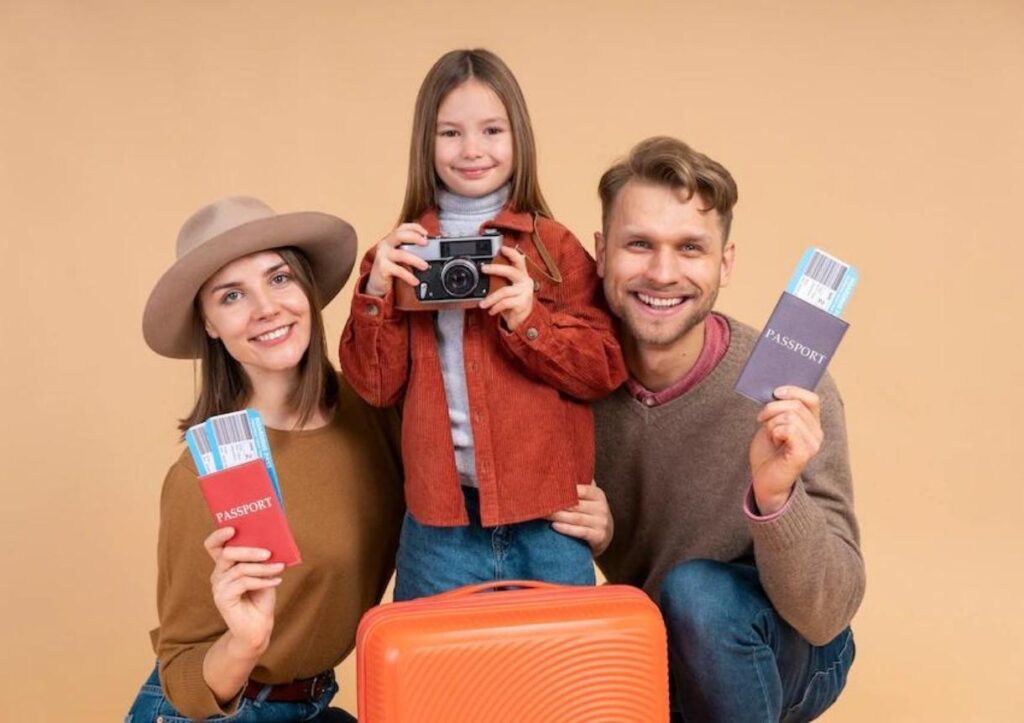 Family with daughter holding passports