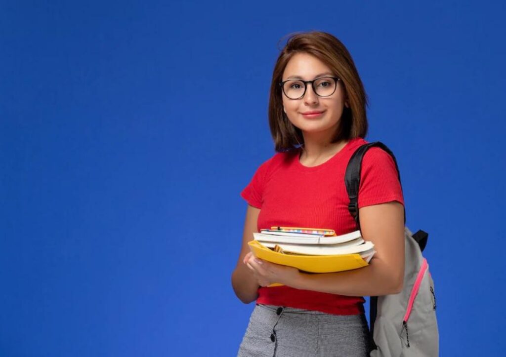 Student Visa female student in red shirt with backpack